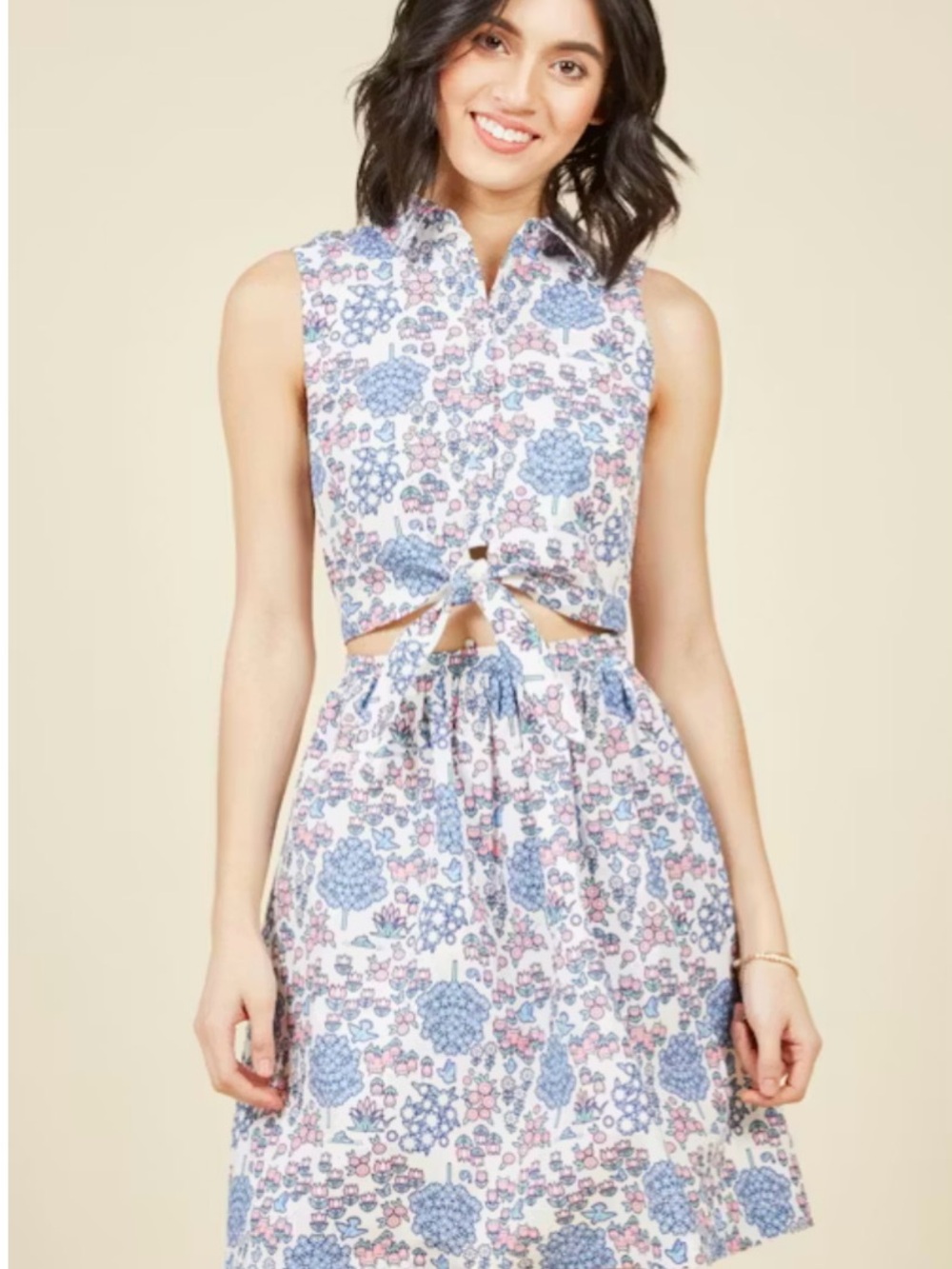 Mod-Cloth Sleeveless Floral Tie-Front cut out Dress in Blue and Pink
